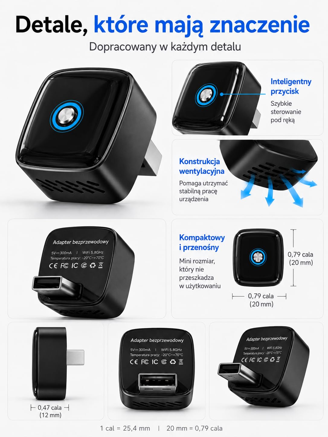 Bezprzewodowy Adapter CarPlay i Android Auto 2 w 1, pamięć dwóch telefonów, szybkie przełączanie, Plug & Play USB-A/USB-C, 5.8GHz WiFi, OTA, Czarny
