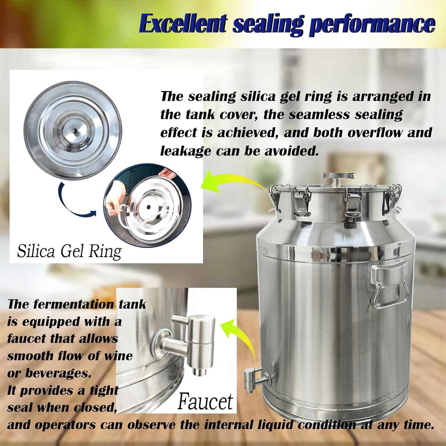 64L Stainless Steel Fermenter Tank with Faucet & Exhaust Valve 304 Food-Grade Fermentation & Storage Container for Wine, Beer, Sauerkraut