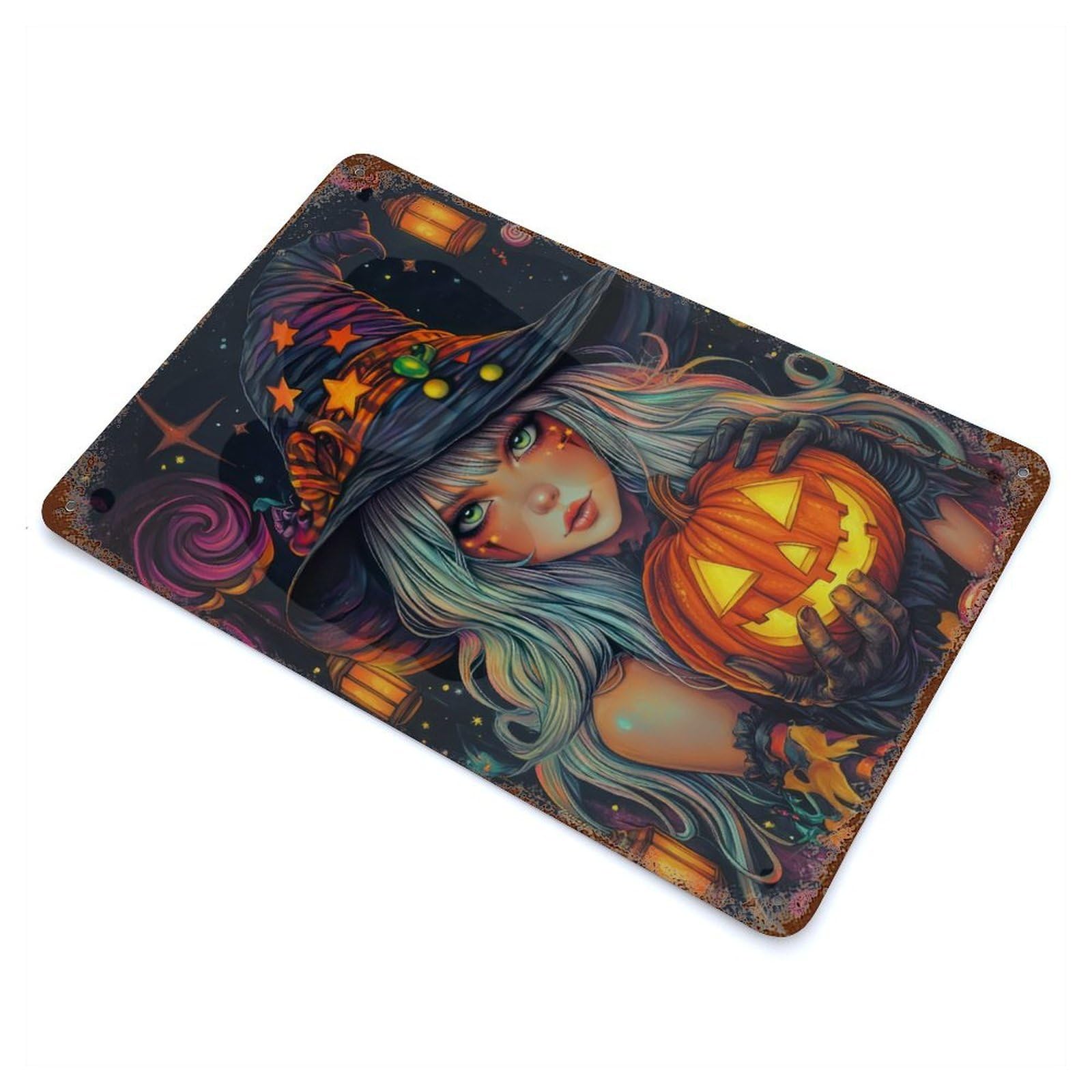 Distressed Metal Wall Sign Halloween Witch with Pumpkin 4 11.8"x7.9", Vintage Wall Decor for Garage, Bar And Workshop Decor