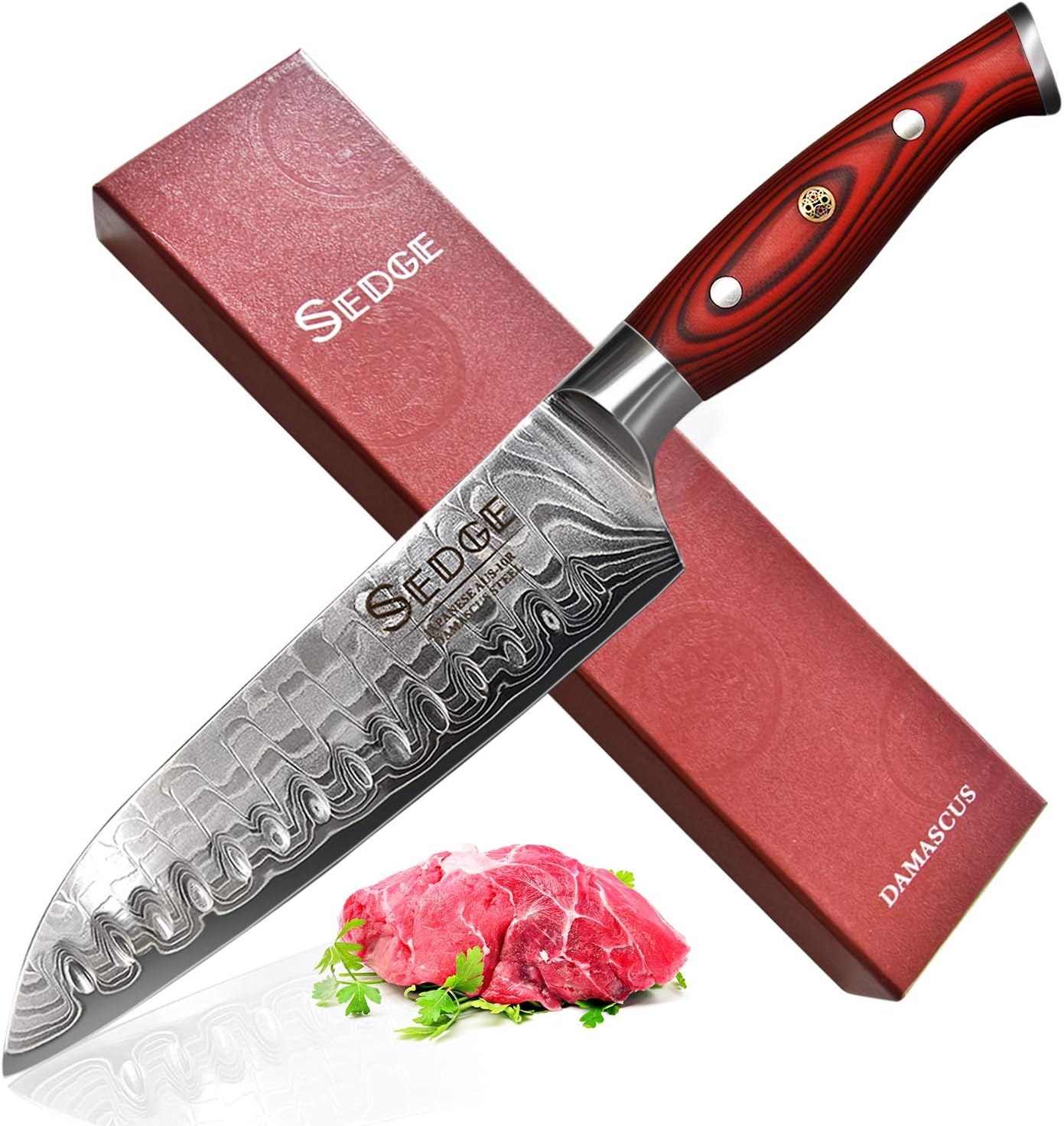 SEDGE Santoku Knife 7 Inch - Japanese Dragon Pattern Damascus AUS-10V High Carbon Steel - Ergonomic G10 Handle with with Gift Box