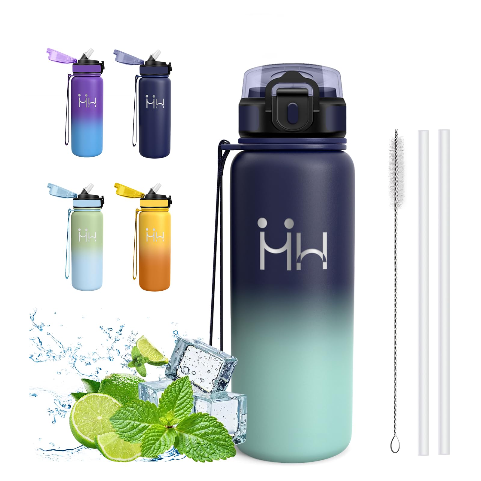 Mujigaga 750ml Insulated Water Bottle Leakless Drinking Bottle with Straw Toothbrush Vacuum Insulation BPA-Free Office Yoga Cycling Beach