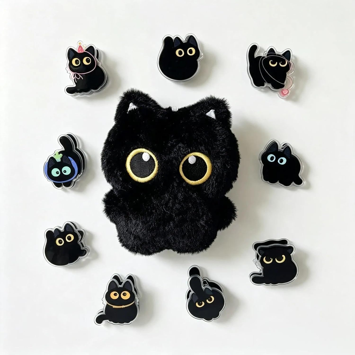 Magnetic Chip Clips&Cute Plush Fridge Magnets,10Pcs Black Cat Magnets Set