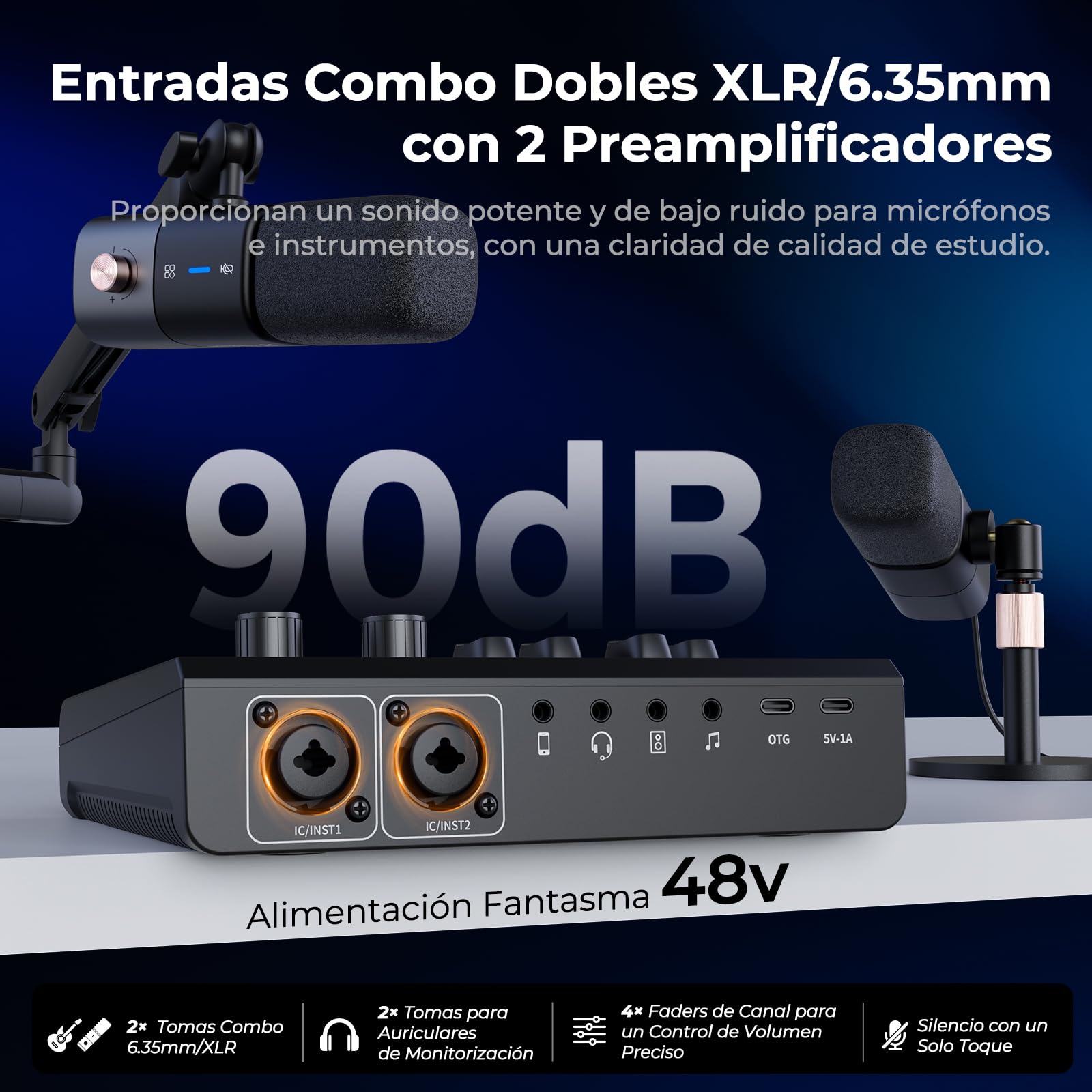 NearStream Mezclador gaming con preamp mic, doble entrada XLR/6.35mm, 48V, RGB, cambiador de voz, pads, loopback – Interfaz audio para streaming, podcast y música (AMIX20U)