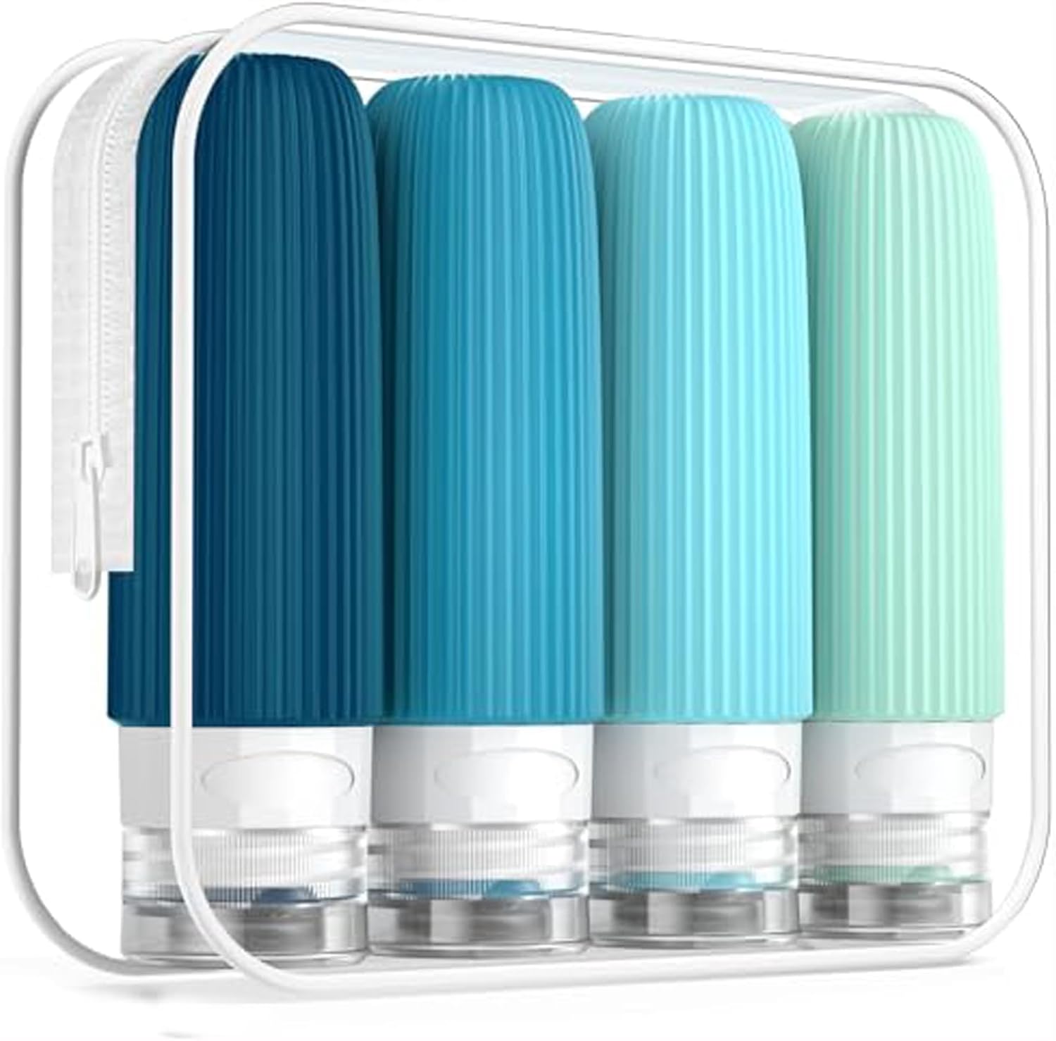 Kit Frascos Viagem Silicone para Cosméticos 4 Peças, Recipientes Portáteis Squeezable Antivazamento, Tamanho Viagem, Design Canelado, Cores Neutras, Ideal para Shampoo (Verde)