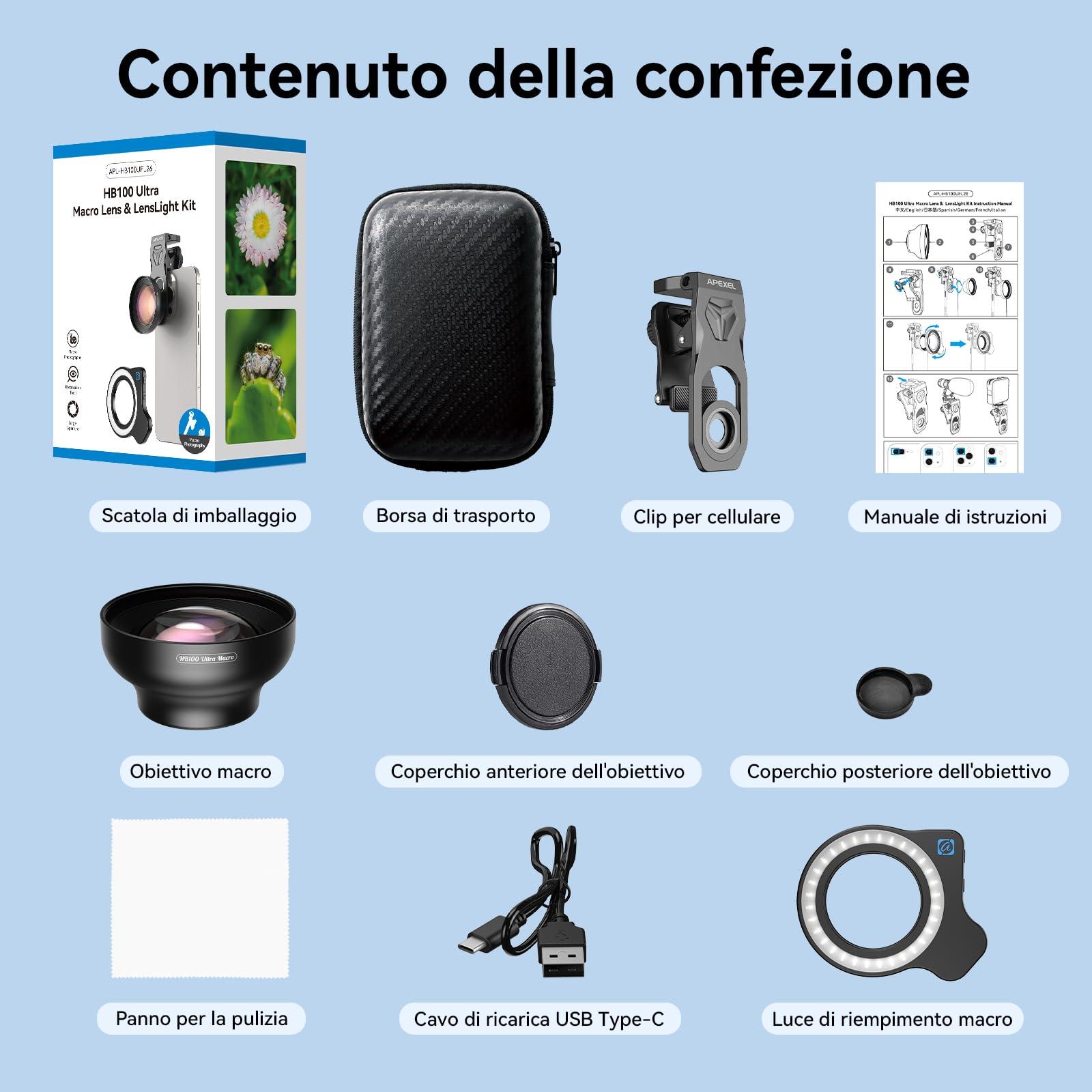 APEXEL HB100 Lente Macro Ultra HD F1.05 con 45 Modalità Luce & Rivestimento AF,Obiettivo per Smartphone iPhone, Samsung e Pixel