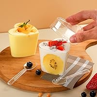 Vista 7 de Paquete de 100 mini vasos de plástico transparente con tapas, recipiente de yogur en forma de corazón de 5 onzas para fiestas, aperitivos