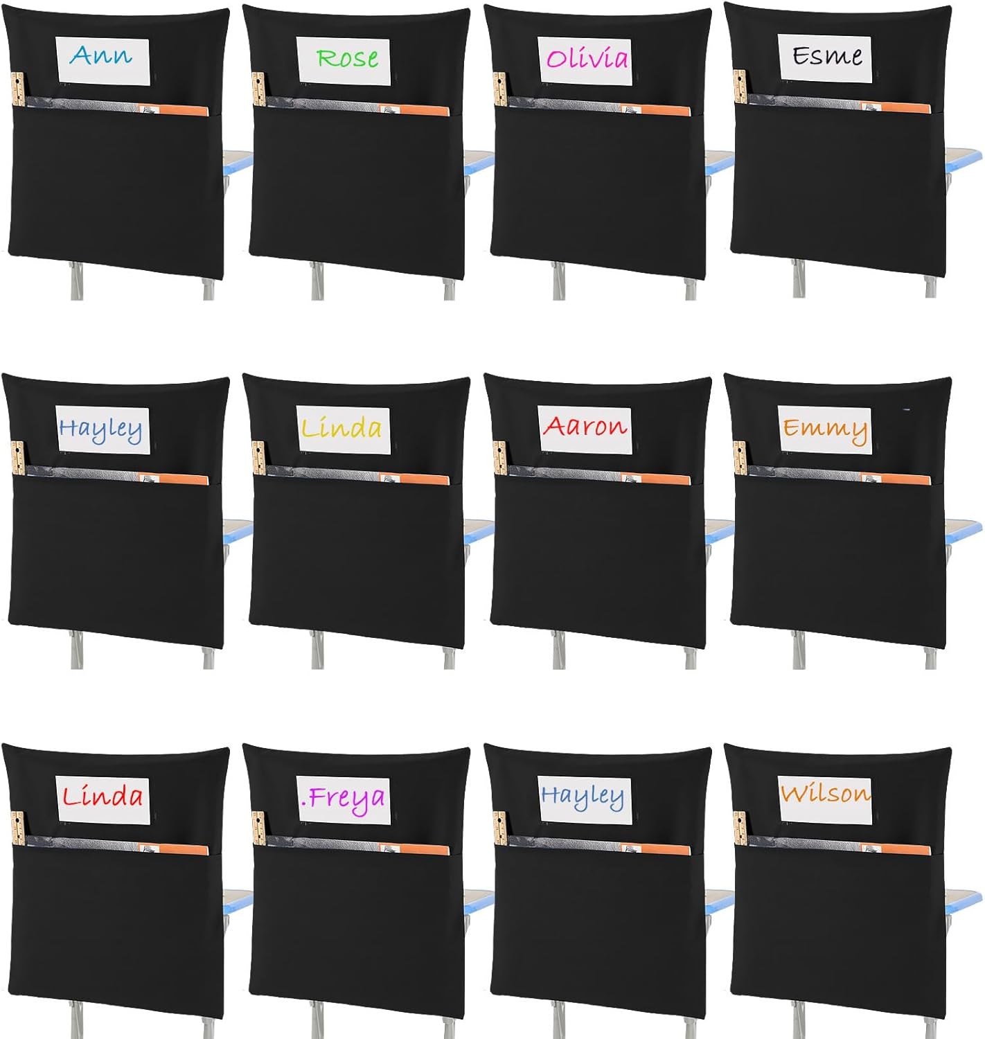 Sanwuta 24 Pcs Chair Pockets for Classrooms - 19 x 17 Inch Student Chair Pockets with Name Tag Classroom Seat Organizer for Kindergarten Primary School Home(Black)