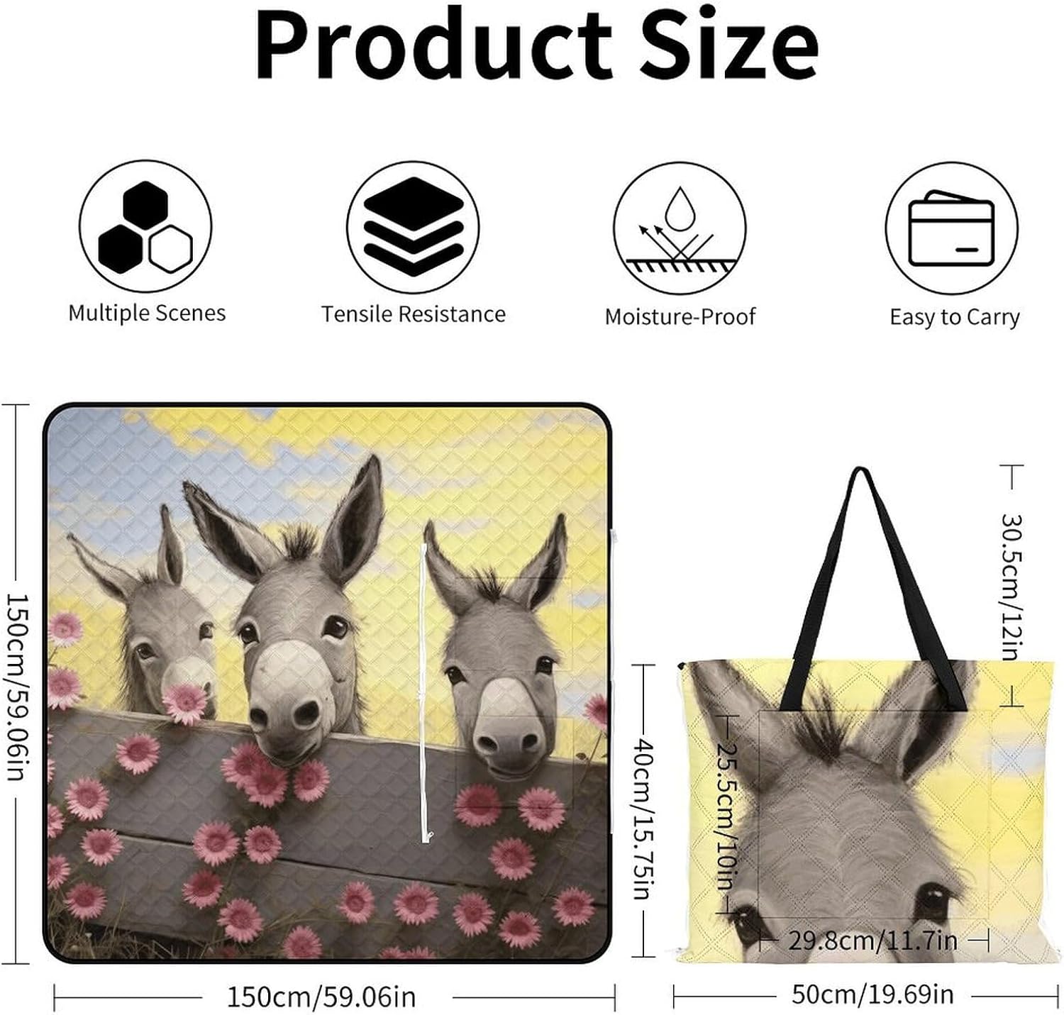 Donkey and Flower Picnic Blanket with Zipper Water Resistant Sand Free Picnic Mat Washable Foldable Easy Carry Beach Blanket for Lawn Beach Hiking Camping