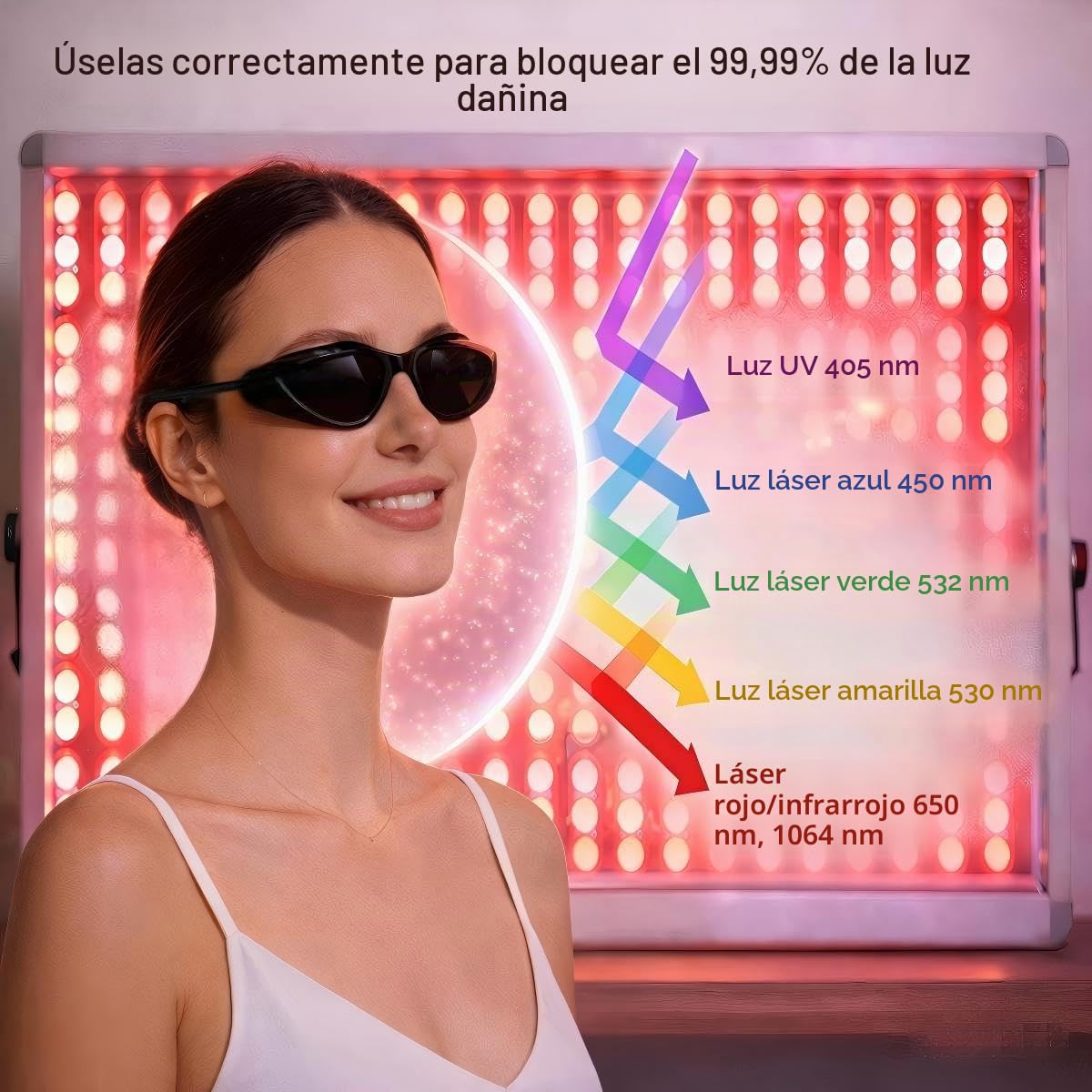 Gafas de protección para solárium 200–2000 nm, gafas de seguridad para IPL, LED y luz roja, lentes con cordón ajustable de 40 cm, incl. estuche y paño de limpieza