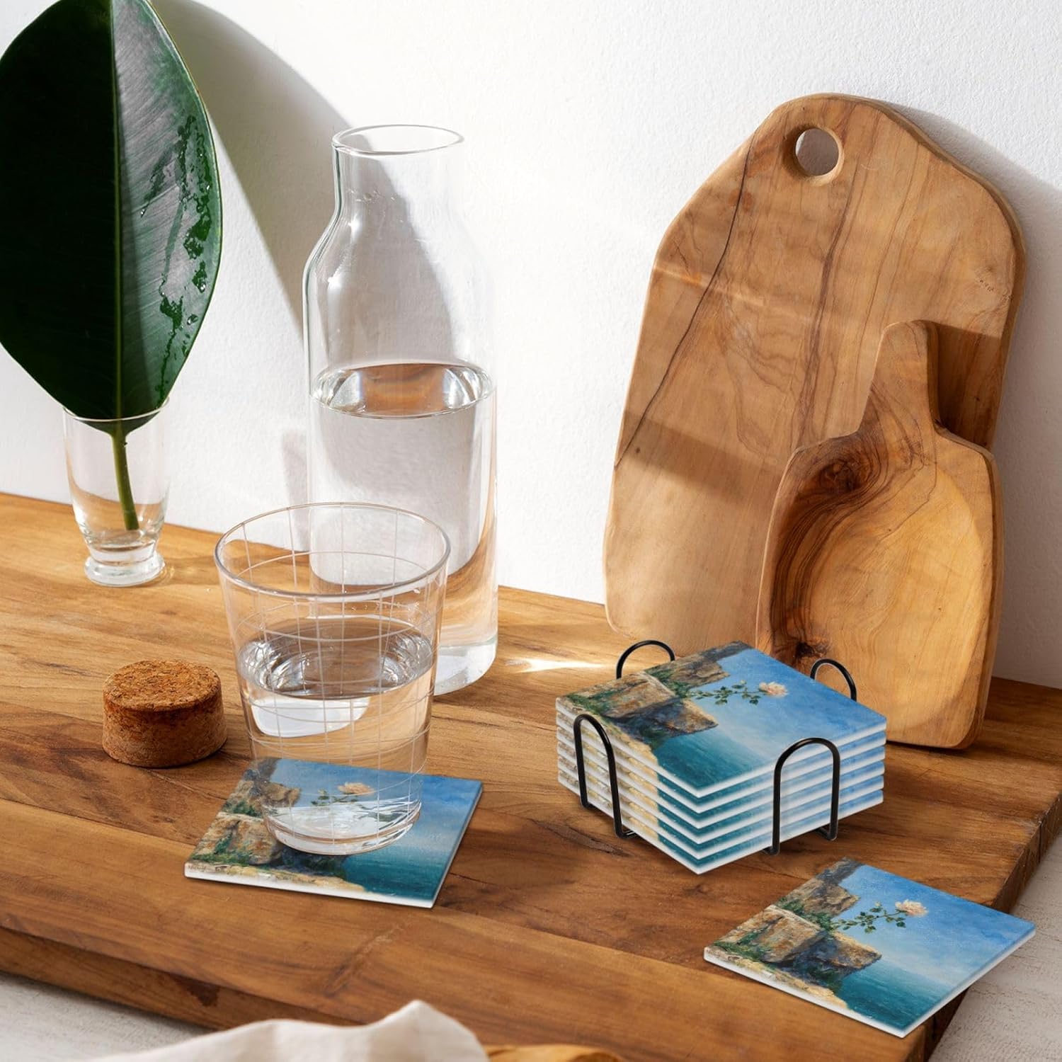 (Rose) Ceramic Coasters Set of 6 with Holder Non-Slip Square Coffee Coasters for for Cup Mug Drink Patio Coffee Table Decor, Christmas Coasters Home Bar Supplies