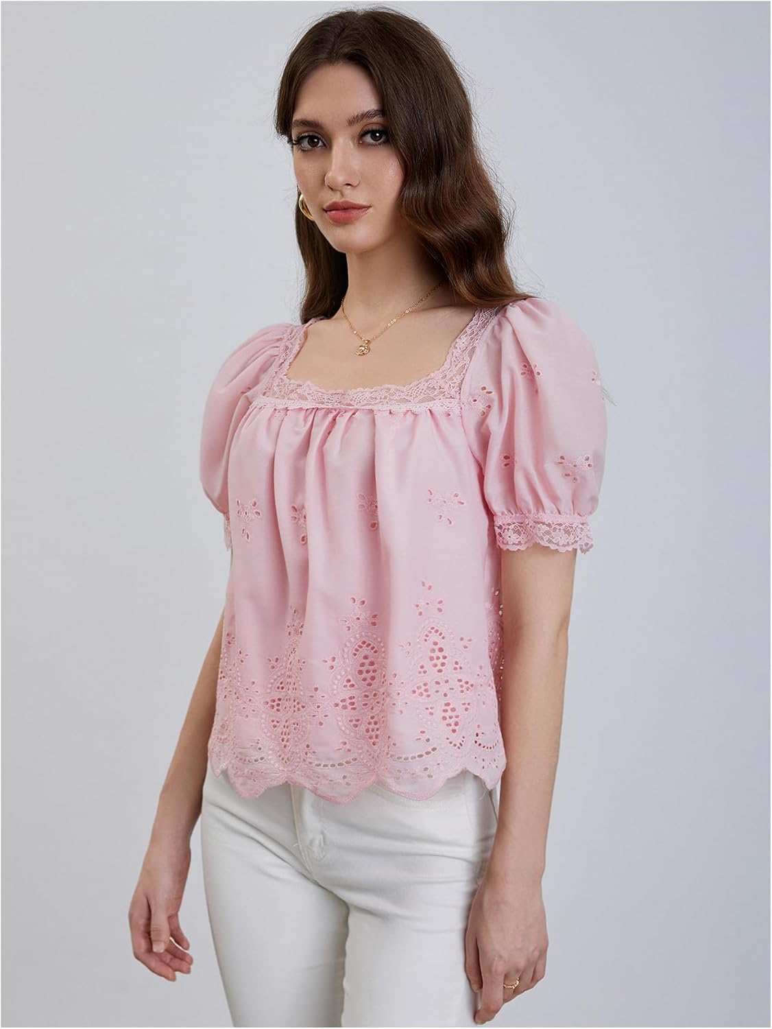 SweatyRocks Women's Square Neck Puff Sleeve Eyelet Lace Hollow Out Embroidered Top Blouse - Image 4