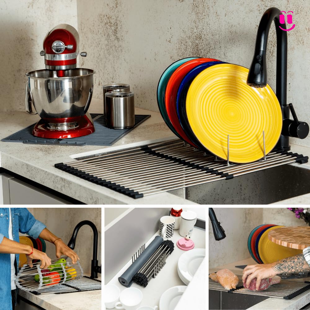 Mejora tu cocina con nuestro juego de escurridor de platos enrollable 3 en 1, incluye escurridor de platos de acero inoxidable sobre el fregadero, alfombrilla de silicona resistente al calor y