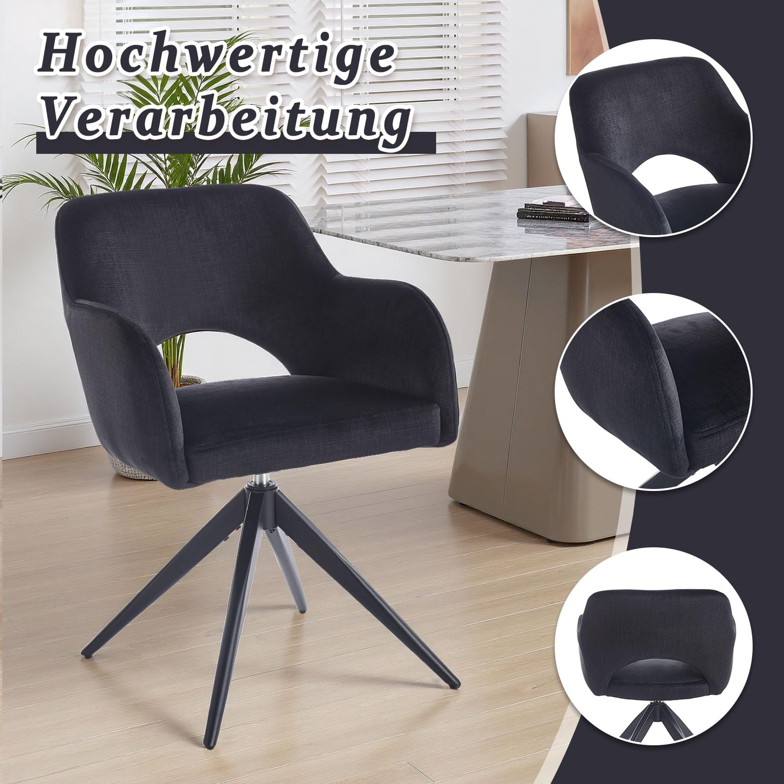 4er Set Drehbare Esszimmerstühle mit Armlehne – 360° Samt Polsterstuhl mit Auto-Return Funktion, Gepolstert, Schwarze Metallbeine, für Esszimmer & Küche