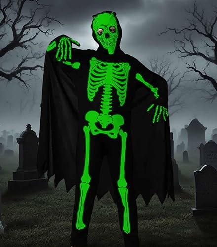 Miniatura 5 de Disfraz de esqueleto para niños que brilla en la oscuridad, overol de Halloween con capa para niños y niñas