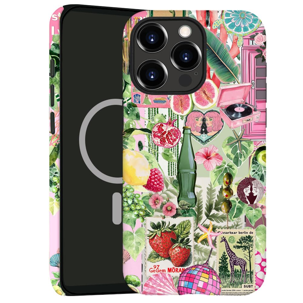 kiritfox Magnetic Case for iPhone 14 Pro,Hybrid 2-Layer Hard Shell,Shockproof for Girl Women [Compatible with MagSafe] - Green Flower Strawberry Fruit