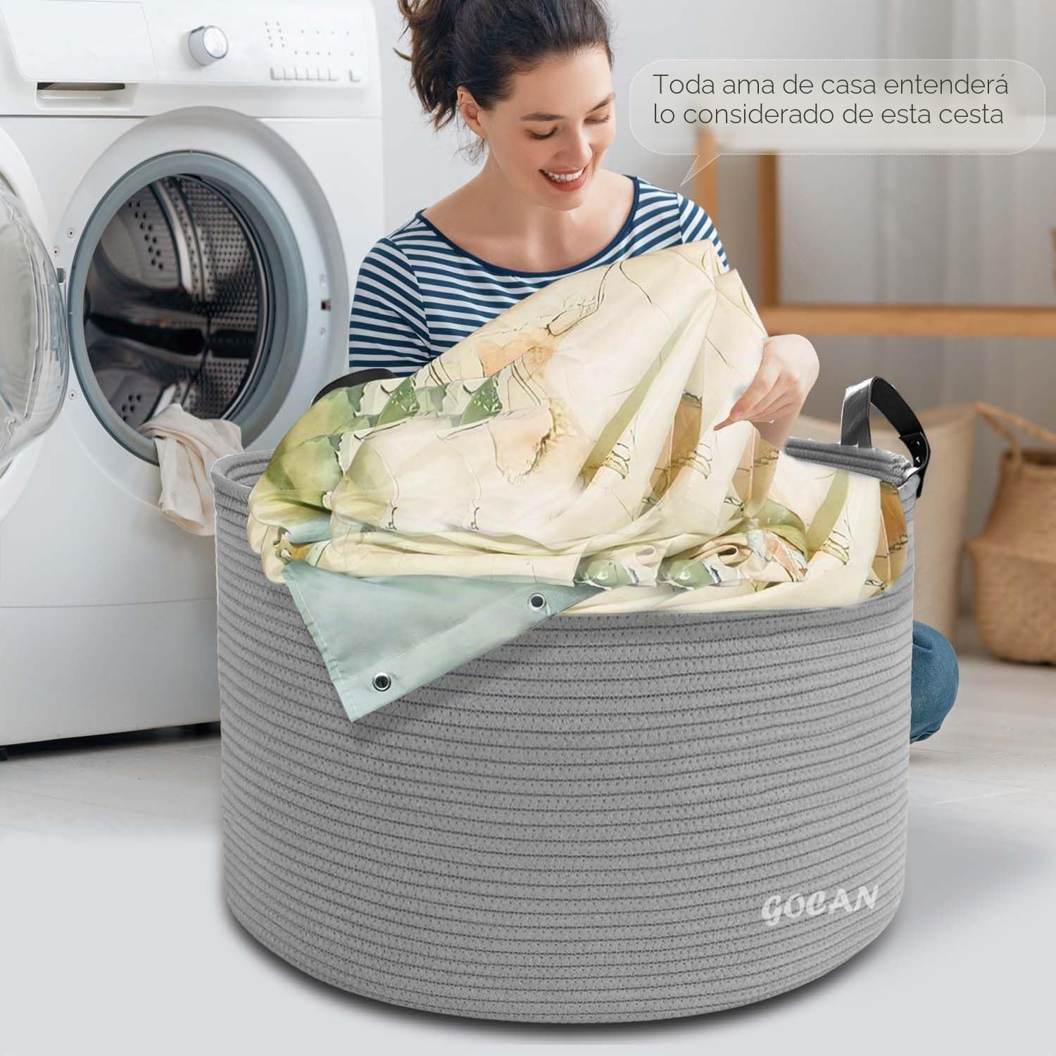 GOCAN - Cesta de almacenamiento extragrande tejida de cuerda de algodón con asas para ropa sucia, sala de estar, almacenamiento de juguetes, 55,88 cm x 55,88 cm x 35,56 cm, XXXL, gris