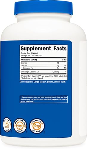 Miniatura 5 de Nutricost Cápsulas blandas de aceite de coco (1000 mg), 240 cápsulas blandas, aceite de coco virgen extra, sin gluten y sin OMG