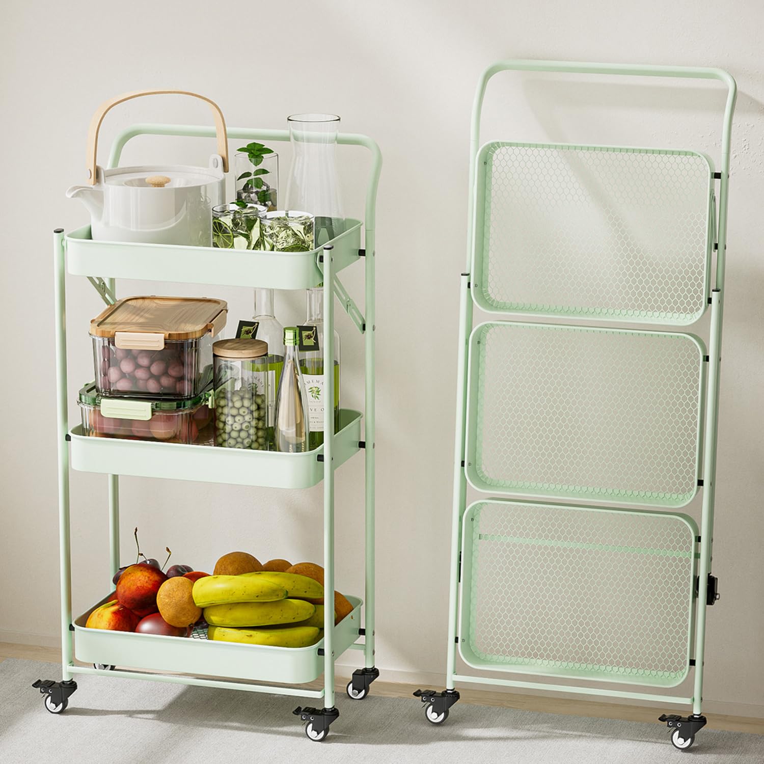 JAQ Foldable Rolling Cart, 3-Tier Metal Folding Storage Utility Carts Basket Rack Organizer with Handle on Wheels for Snacks Books Fruits for Kitchen