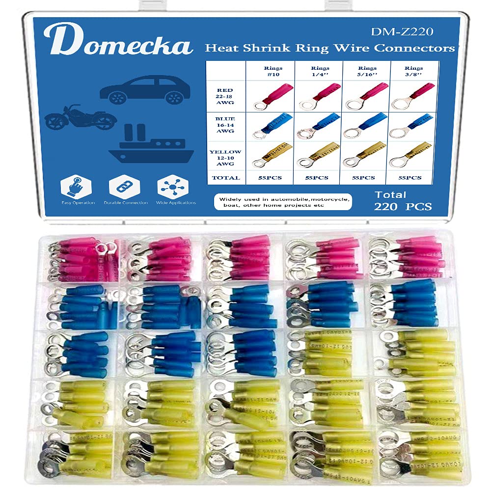 220PCS Heat Shrink Ring Connectors Kit, Marine Grade, Yellow, White, Red, Blue Copper Gauge Insulated Ring Crimp Terminals