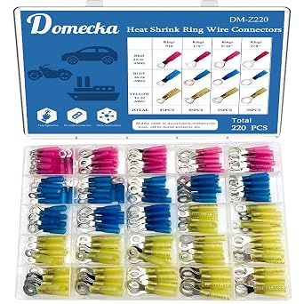 220PCS Heat Shrink Ring Connectors Kit, Marine Grade, Yellow, White, Red, Blue Copper Gauge Insulated Ring Crimp Terminals