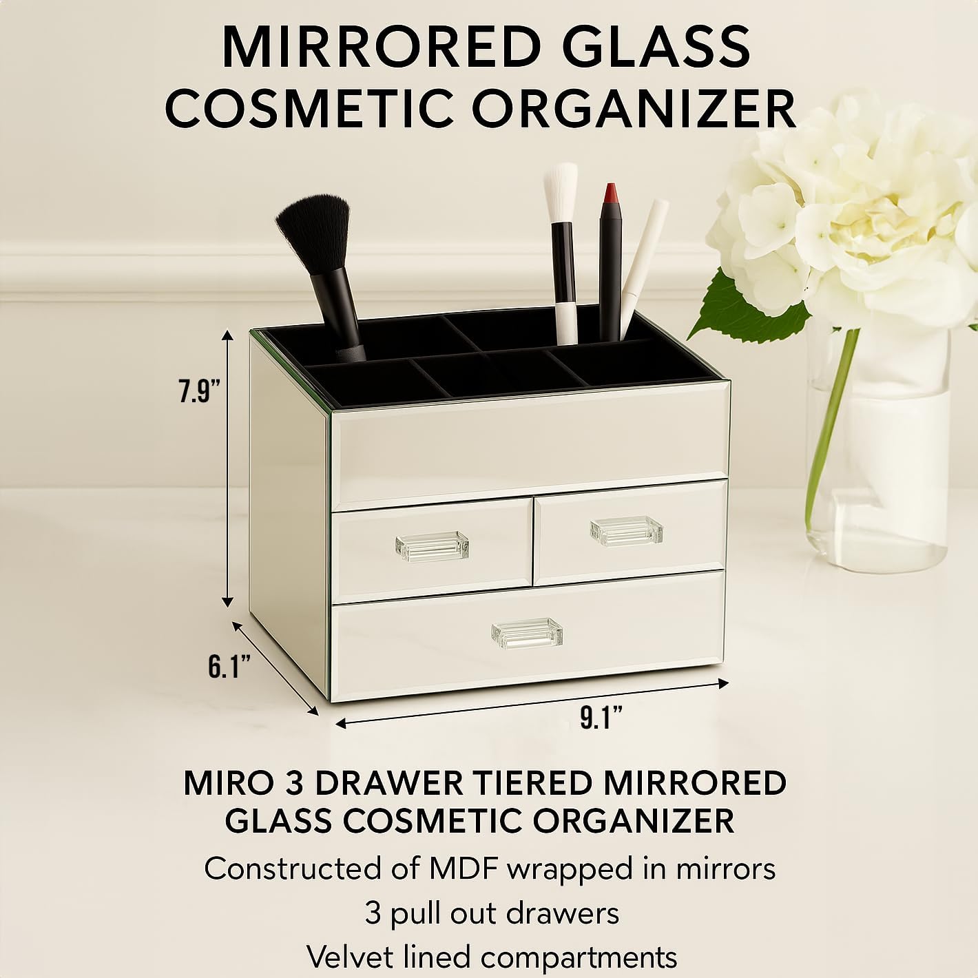OnDisplay Miro 3 Drawer Mirrored Glass Makeup Organizer – Tiered Cosmetic Storage Box with Velvet Lined Compartments, Crystal Handles & 3 Pull Out Drawers for Vanity, Jewelry & Brushes (Silver)