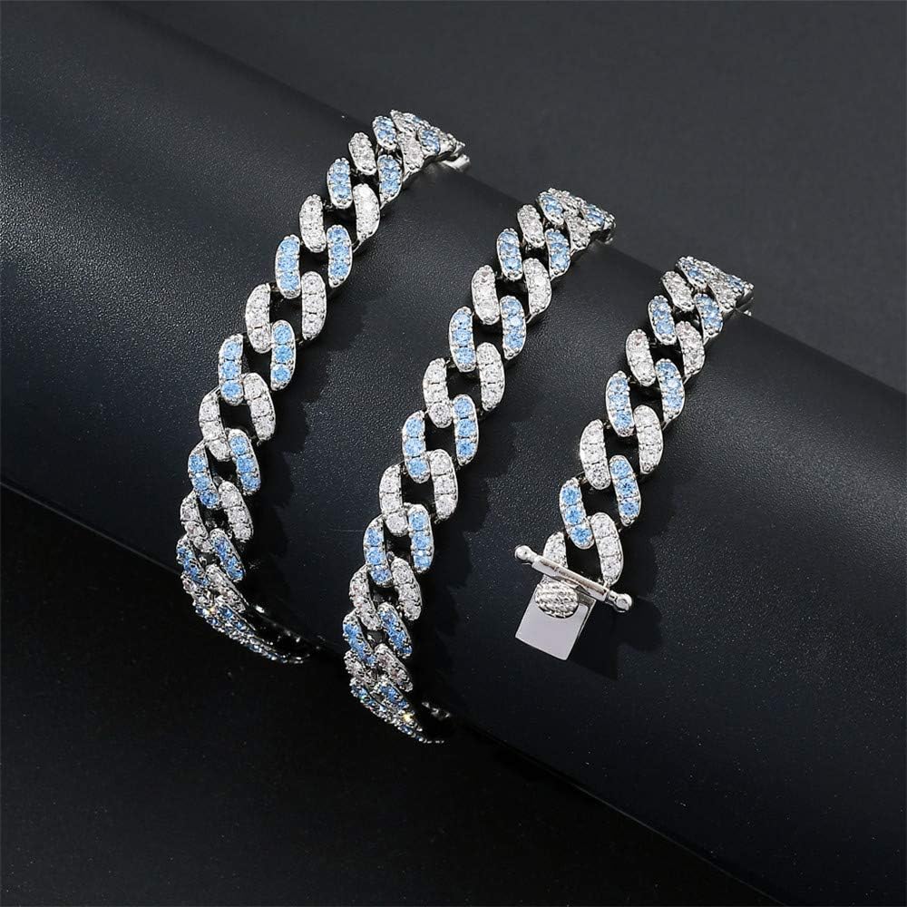ICEDIAMODN 9mm Blue CZ Diamond Miami Cuban Chain Bracelet and Necklace, Iced Out Dual Color Zirconia Charm Hip Hop Jewelry Set for Men Women