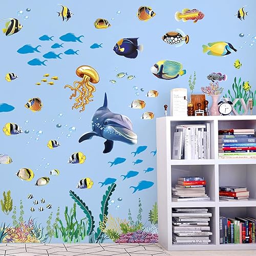 Miniatura 3 de Pegatina de pared creativa 3D de peces oceánicos, extraíble, bricolaje, bajo el mar, coral, hierba, algas marinas, despegar y pegar, decoración de