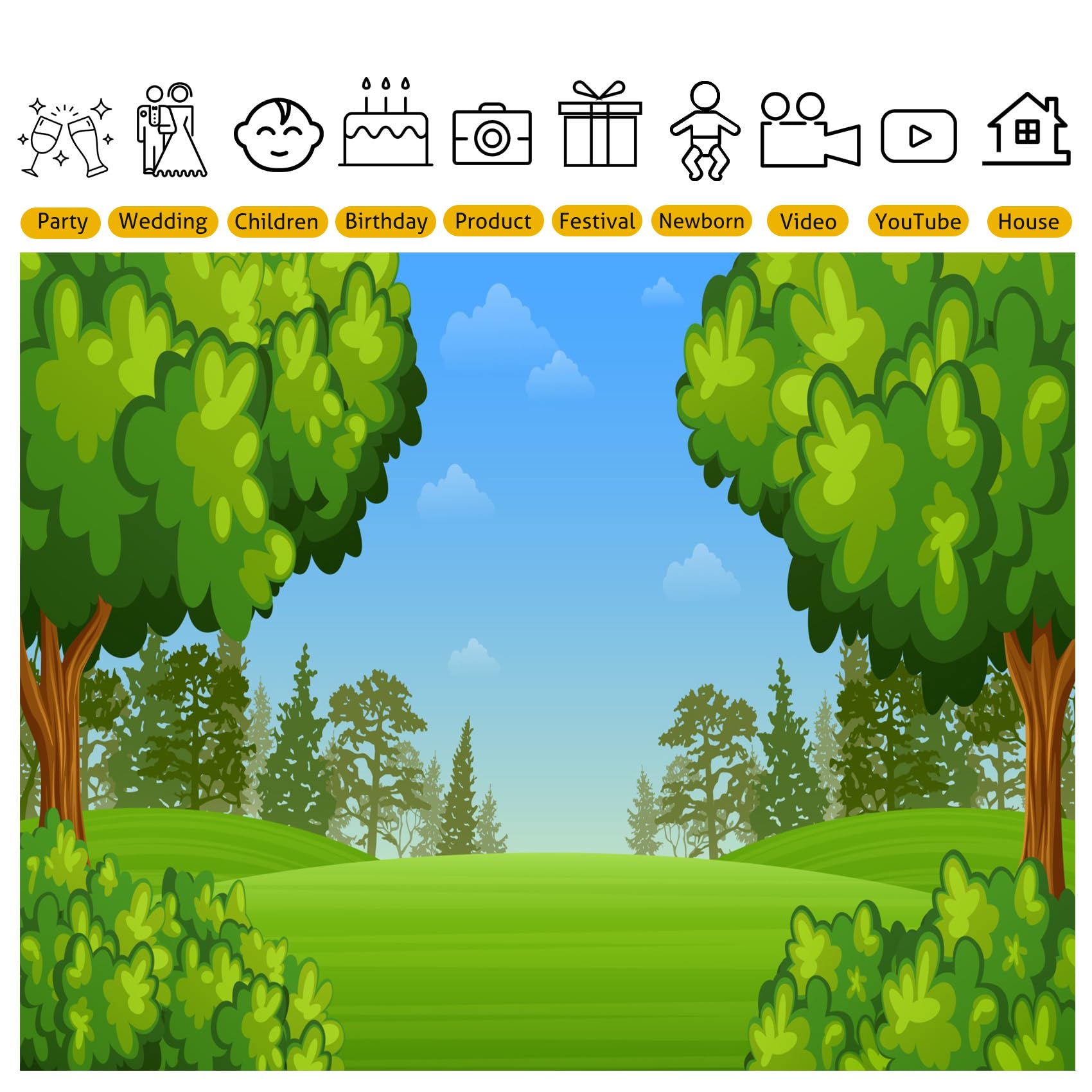 Cartone animato Foresta Sfondo 6,1x3 m Fiaba Infantile Foresta Sfondo Blu Cielo Verde Prato Paesaggio Estivo Scuola Asilo Evento Sfondo Baby Shower Compleanno Forniture