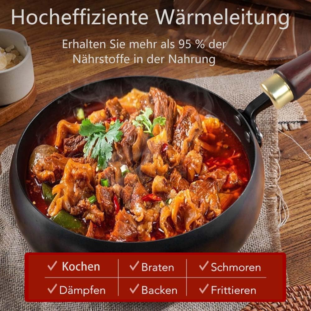 RANJIMA Japanische Eisenpfanne 28cm Mit Holzdeckel - Handgeschmiedet, Unbeschichtet Für Gas, Induktion & Backofen