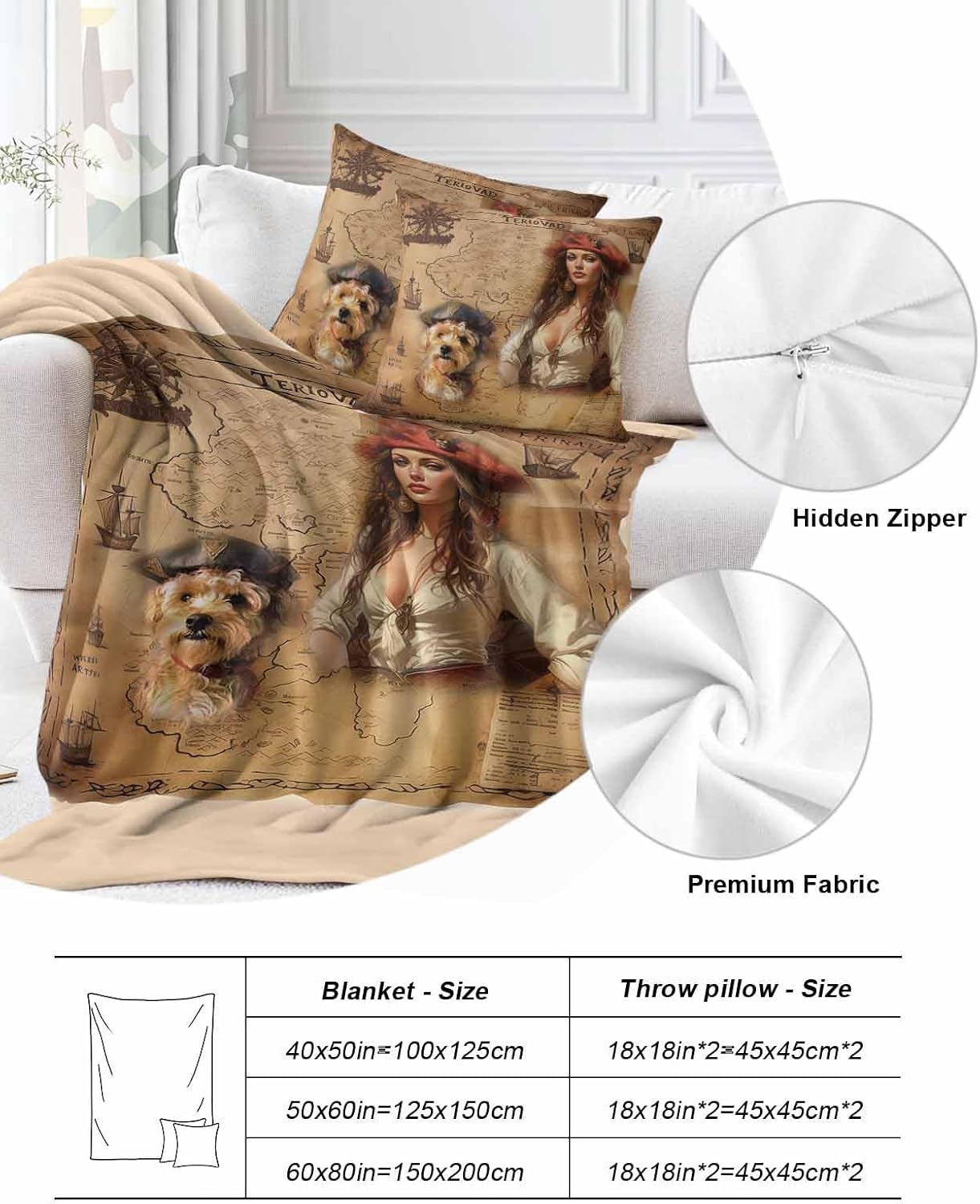 Throw Blanket and Pillow Set Pirate Girl Cute Dog Treasure Map Soft Bed Throw Blankets for Sofa,Chair,Couch,Living Room,Home Office 60"x80"