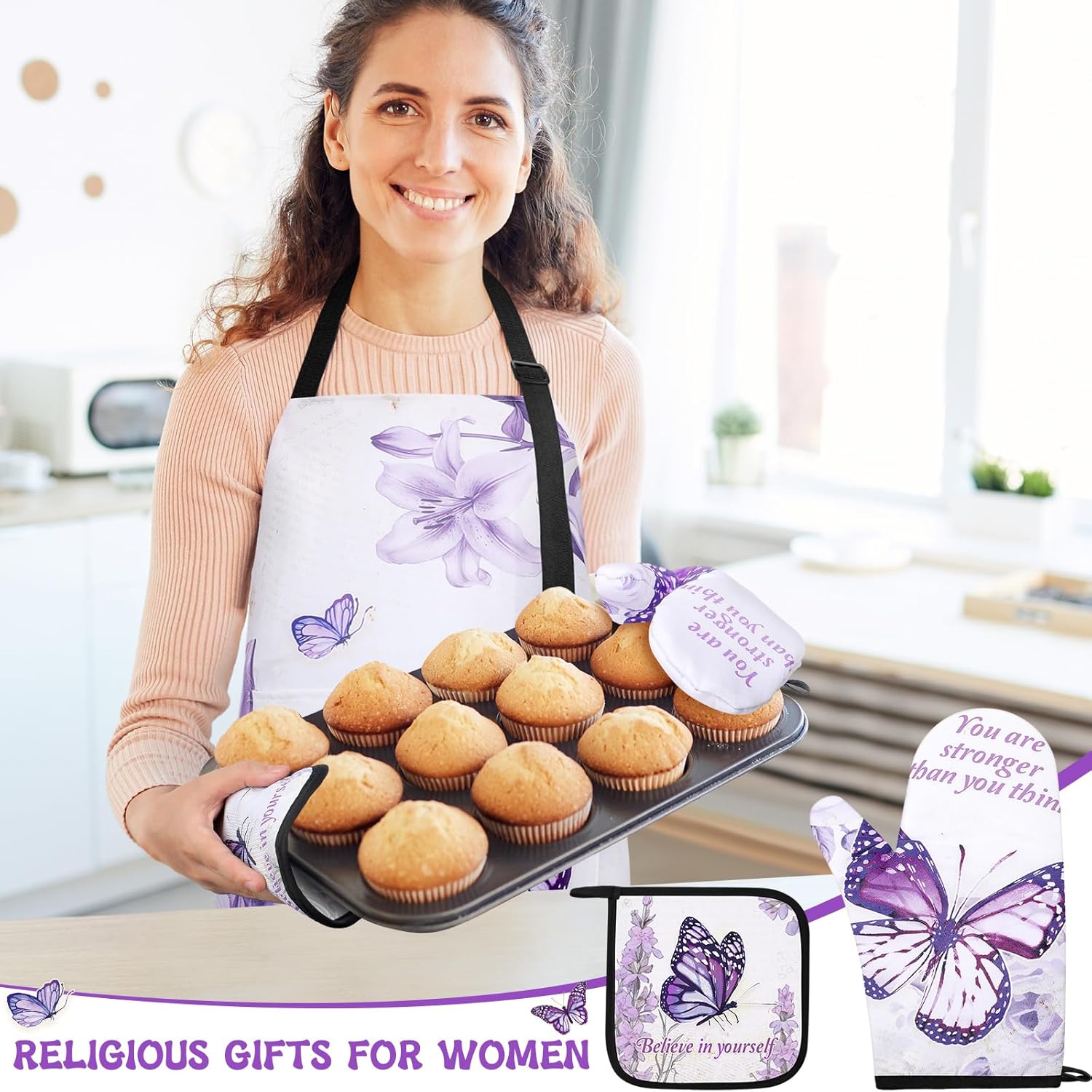 Hoolerry 6 Pcs Purple Kitchen Decor Baking Accessories Religious Cooking Aprons Dish Towels Oven Mitts and Pot Holders Sets with Silicone Spatula for Women Wife Grandma Cooking Baking Gifts