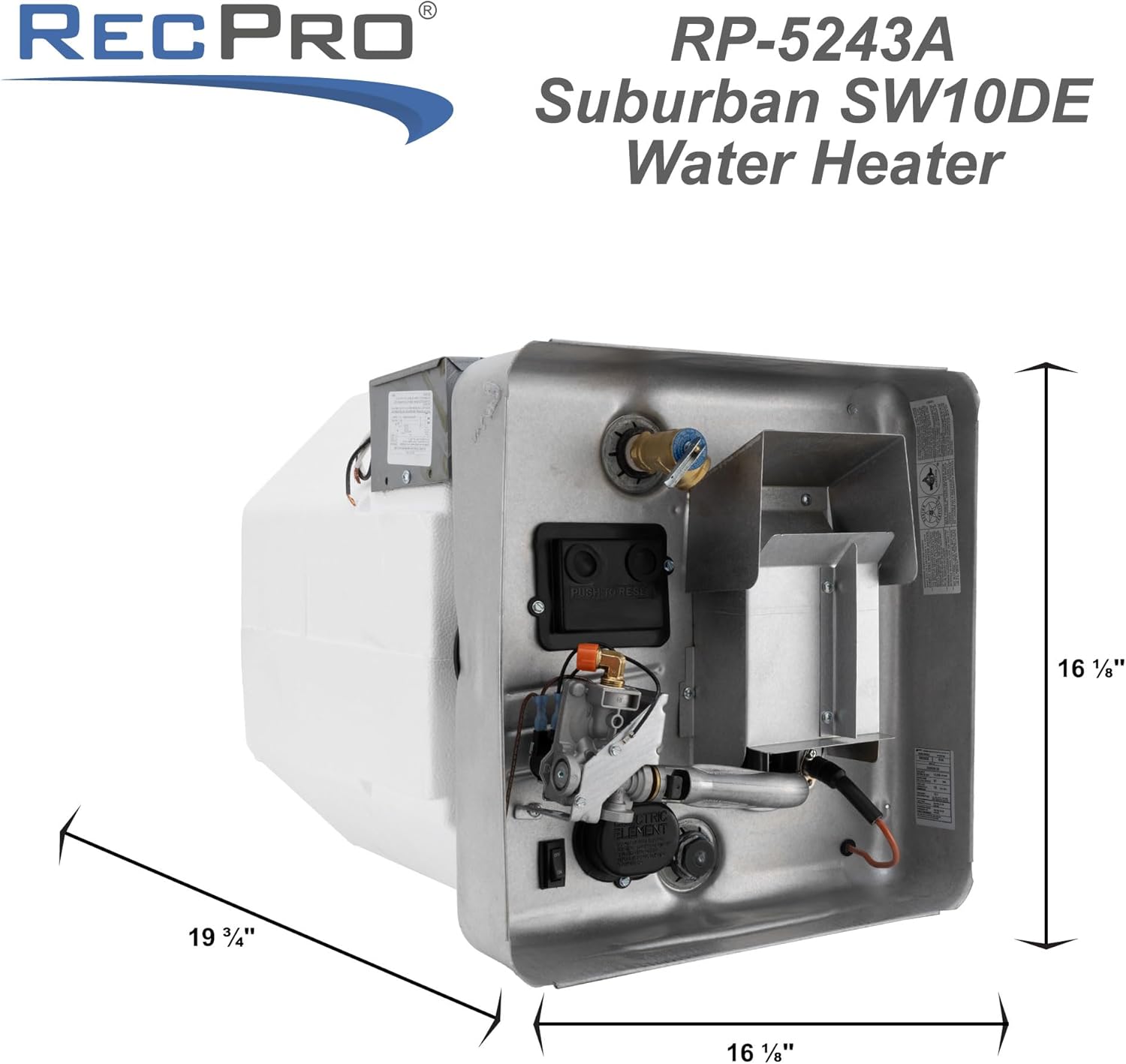 RecPro RV Suburban 10 Gallon Direct Spark Water Heater | Gas & Electric | 16 7/32" H x 16 7/32" W x 20 1/2" D | Insulated Tank | 12V DC | 120V AC | 12K BTU (White Door with White Switch)