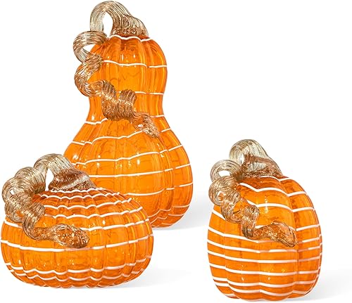 Miniatura 1 de Glitzhome Calabaza de vidrio soplado a mano con diseño de líneas, juego de 3 decoraciones de mesa de Acción de Gracias, calabaza de vidrio