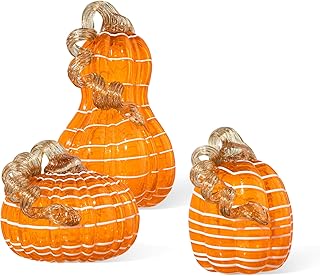 Glitzhome Hand Blown Glass Pumpkin 3pcs Fall Glass Gourd, Orange/White