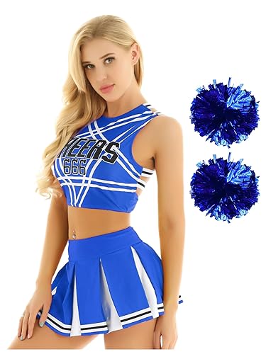 Lorilida Women's Sexy Printed Cheer Leader Cosplay Costume Cheerleading Fancy Dress Uniform Outfits - Blue a - Medium