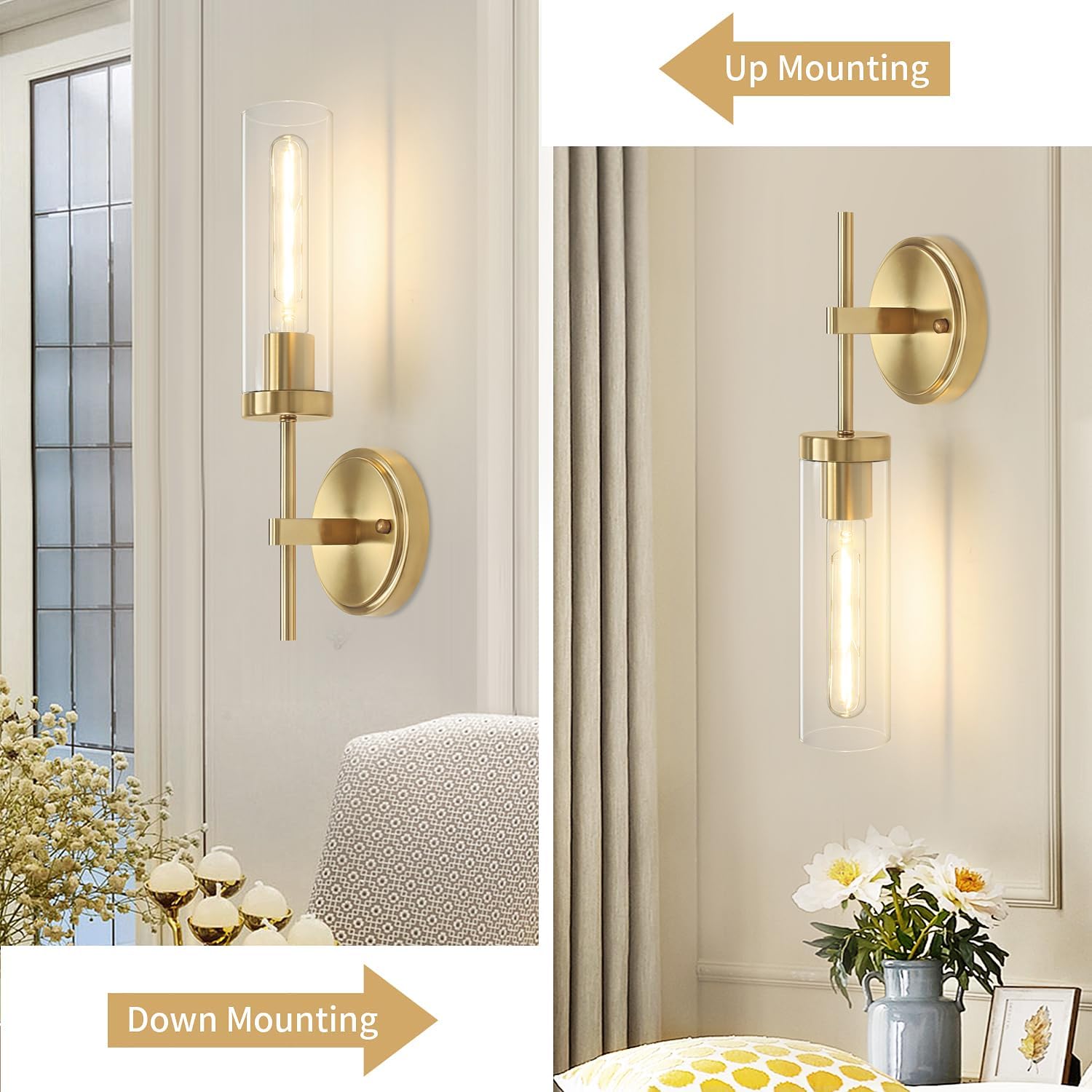 Modern Gold Wall Sconces Set of 2, Hardwired Bathroom Sconces Lighting Vanity Light Fixtures with Clear Glass Shade Wall Mounted Decor Lights for Living Room Mirror Bedroom Hallway Stairway UL-Listed