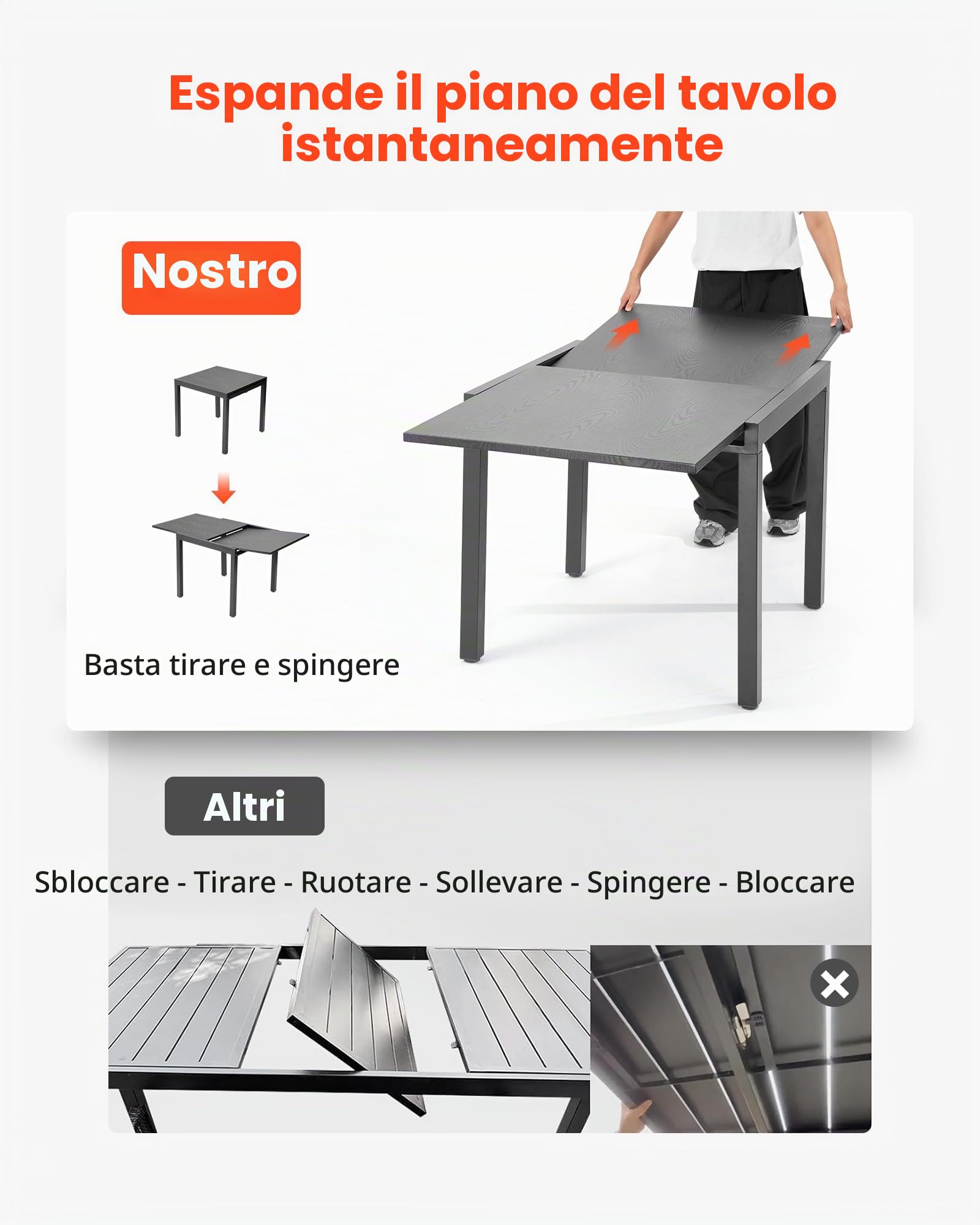 VEVOR Tavolo da Pranzo Estensibile per Esterni, Tavoli da Bistrot Rettangolari da 80 a160 cm, Struttura in Alluminio con Doghe in Acciaio, Mobili da Esterno, per Prato, Veranda, Grigio Scuro