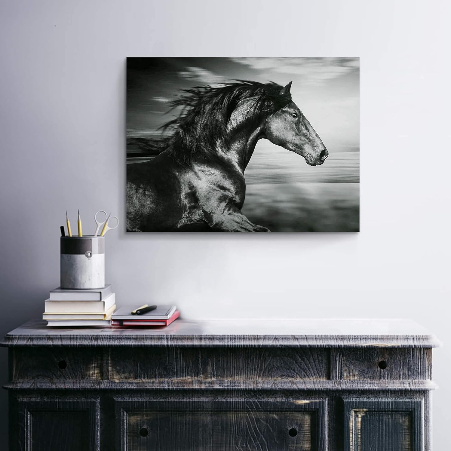 ARTISTIC PATH Black Horse Canvas Picture Prints: Wild Animal Painting Art Artwork on Canvas for Office (24" W x 18" H,Multi-Sized) - Image 3