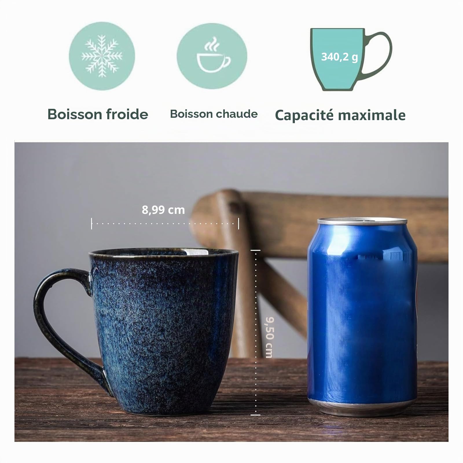 vicrays Lot de 6 tasses à café en céramique émaillée avec poignée pour homme, femme, pour café, thé, lait, cacao, céréales (bleu)