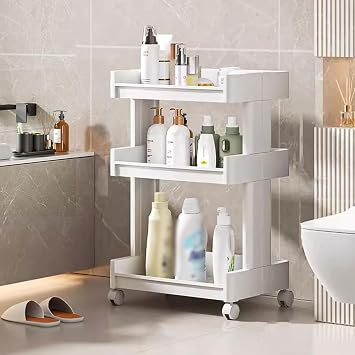 LEIYTFE Bathroom Organizer Slim Rolling Storage Cart Save Space Kitchen Shelf with Wheels,Plastic Trolley Slide Out Moving Wall Cabinets Vegetable Storage Rack, Easy Assembly3-Layer