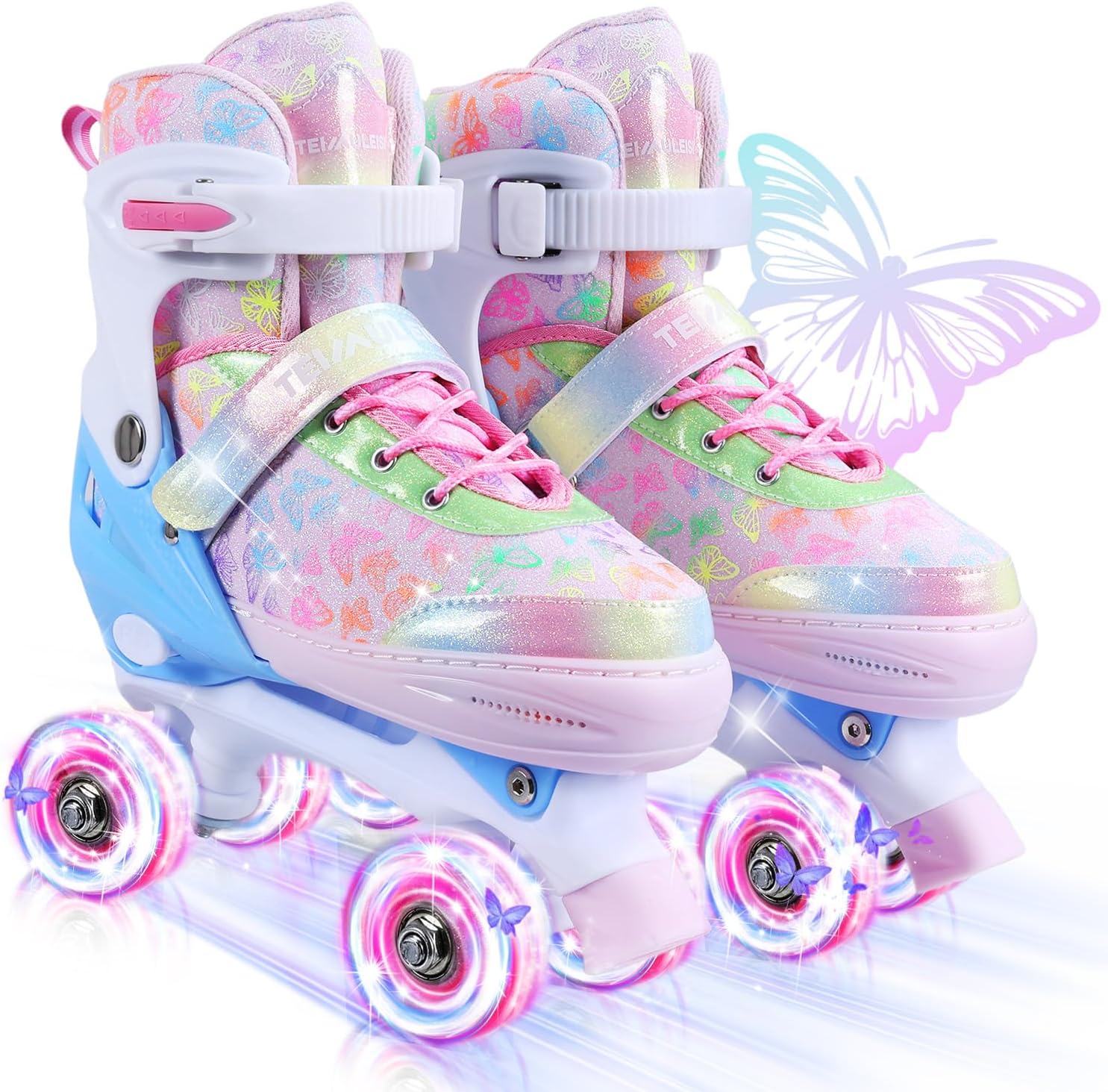 Kids Roller Skates, 4 Size Adjustable Quad Skates with All Light Up Wheels, 10C to 8 Rollerskates for Toddlers, Beginners, Boys, Girls, Outdoor, Indoor