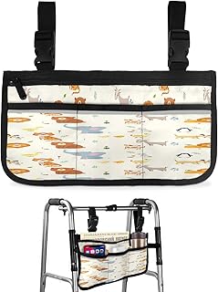 Cute Animals Zoo Wheelchair Side Bag Walker Bag, Cartoon Tiger Lion Elephant Beige Wheelchair Accessories Armrest Pouch, Organizer Storage Bag for Walkers, Rollators, Scooters, 7.3'x13'
