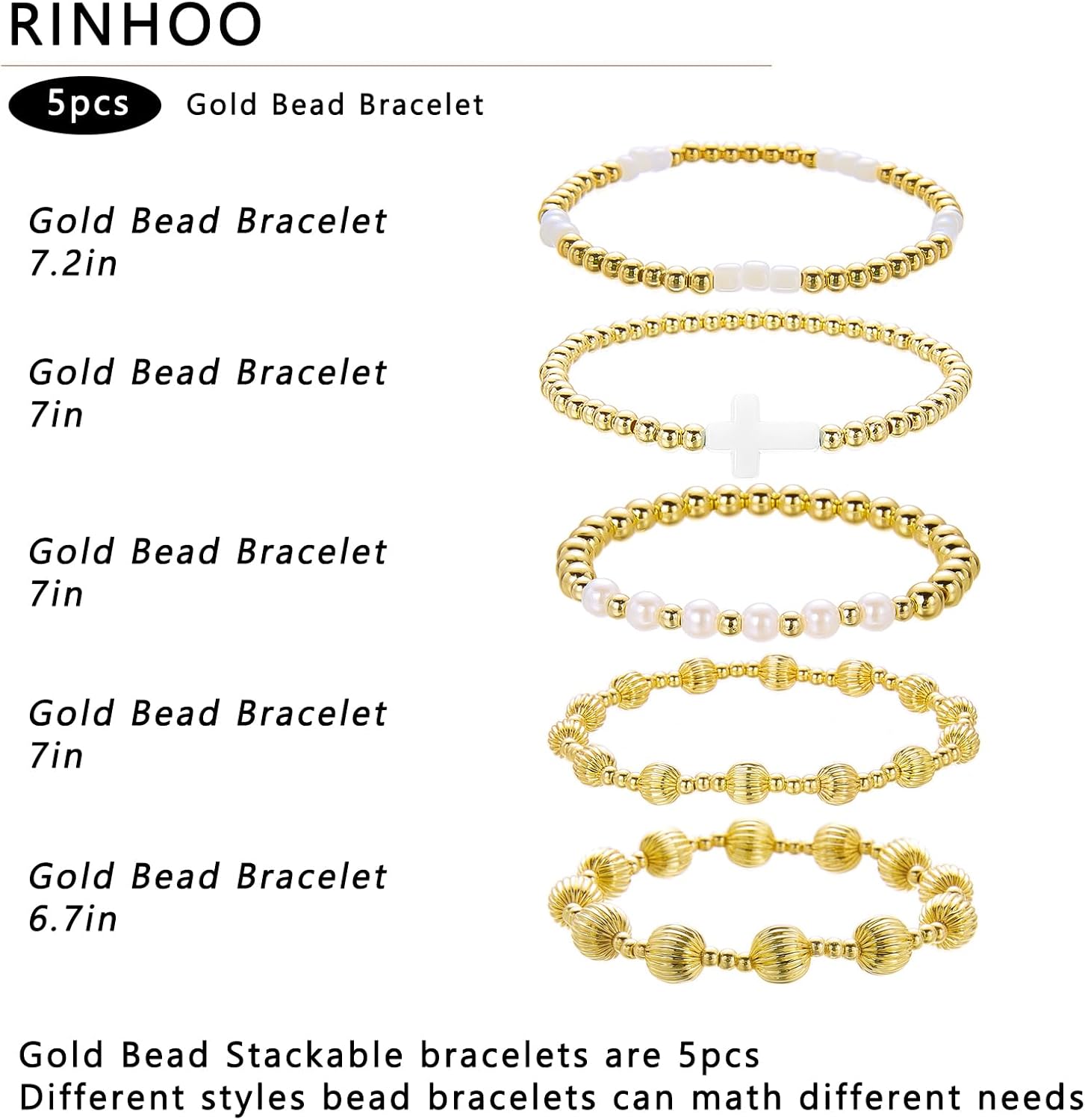 RINHOO14K Gold Plated Beaded Bracelets Set for Women Stackable Dainty Pearl Cross Bracelet Adjustable Elastic Jewelry - Image 2