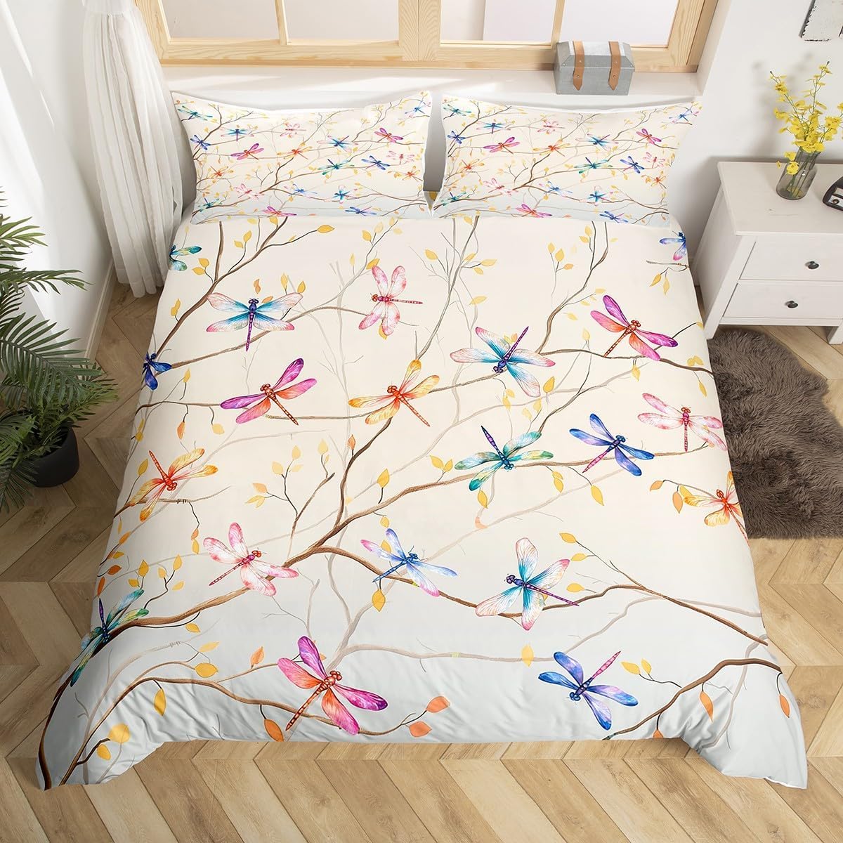 Housse de couette 160x200 libellule parure de lit enfant 1 personne microfibre taie 65x65