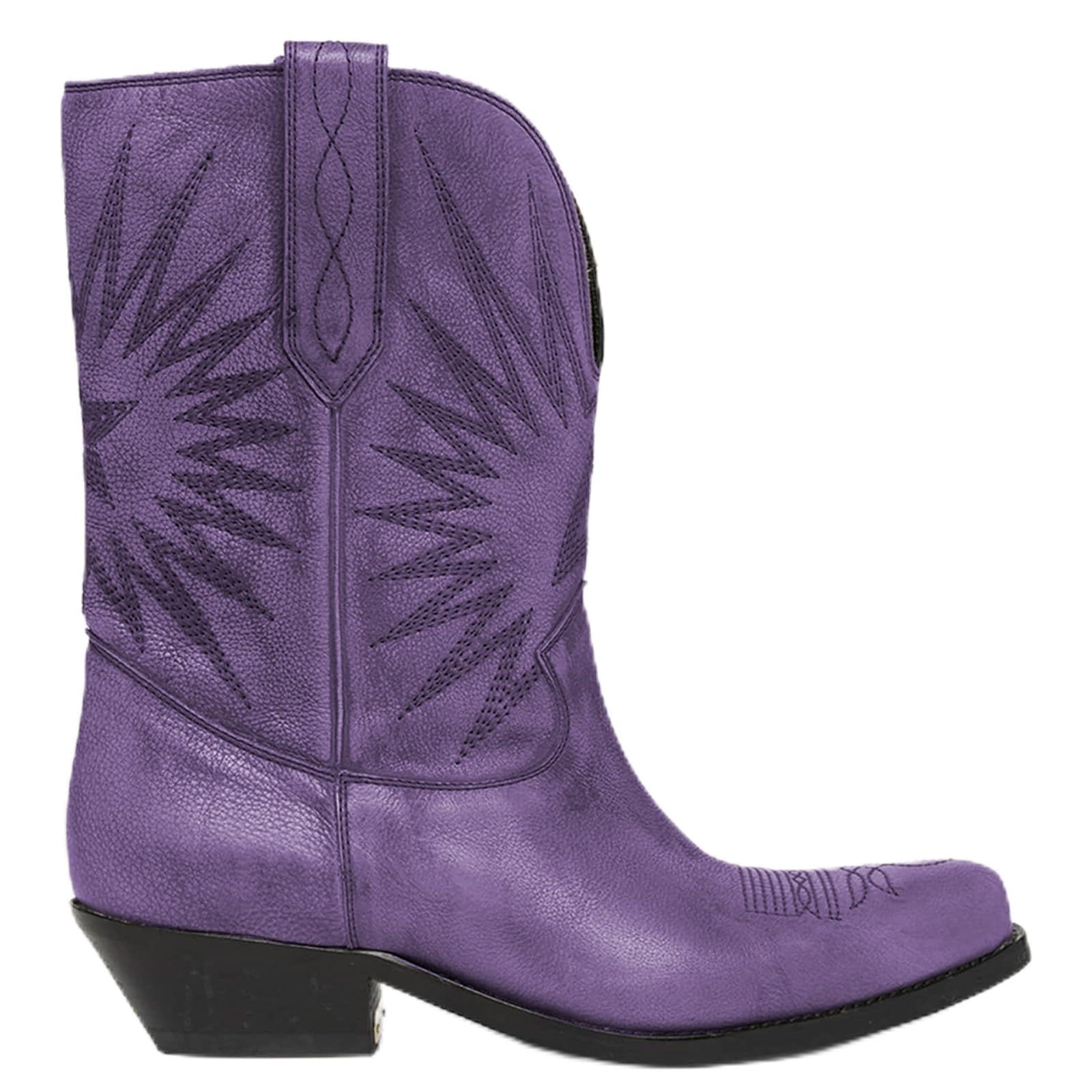 Womens Western Embroidered Cowboy Boots Pointed Toe Chunky Heel Vintage Style Pull-On Cowboy Ankle Boots Fashion Party Dress
