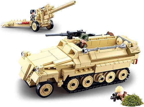 Kit de construcción de vehículos de juguete de media pista del ejército militar de la Segunda Guerra Mundial con cañón de construcción de vehículos