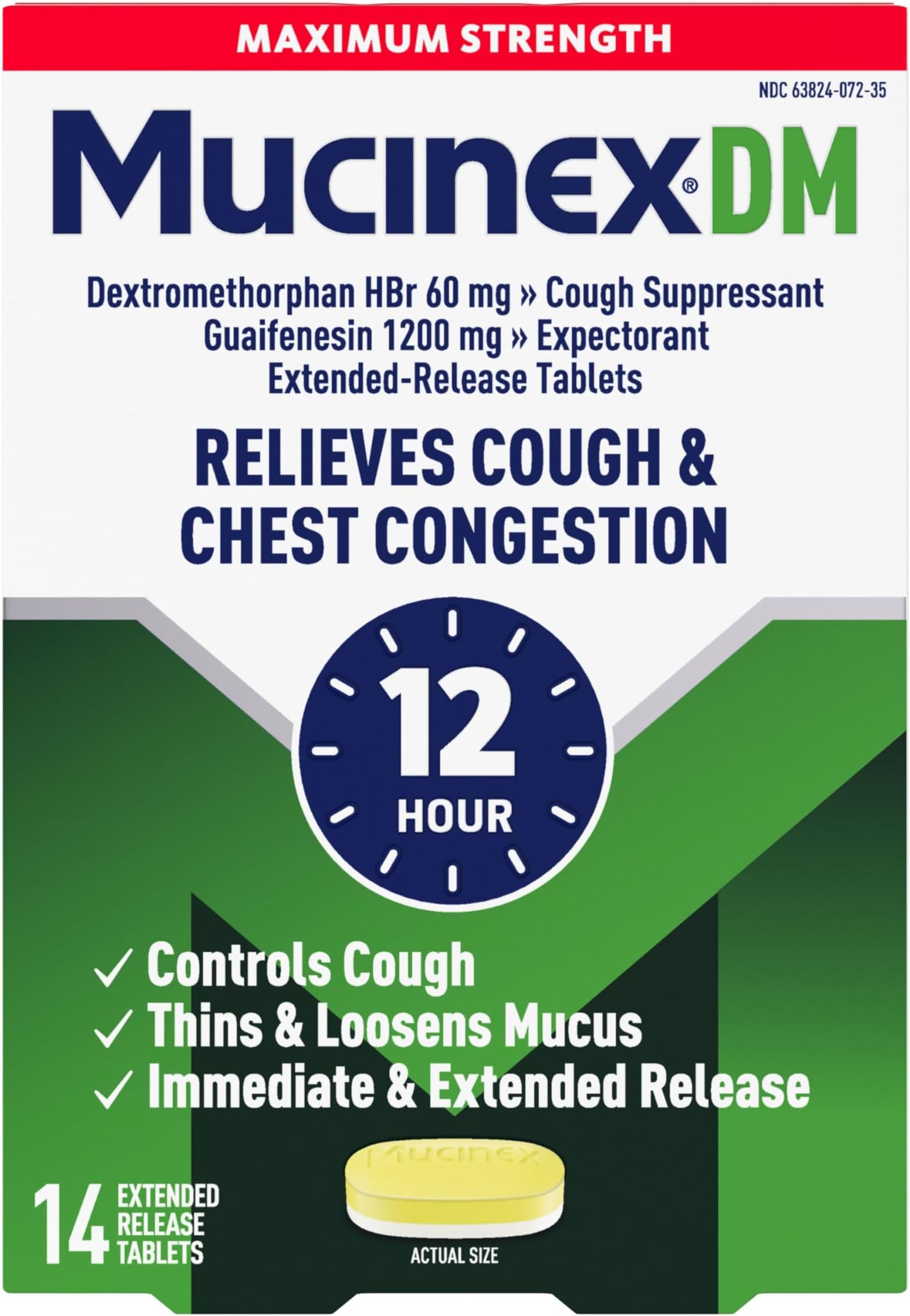 DM 12Hr Maximum Strength Chest Congestion & Cough Medicine For Adults, Cold And Cough Medicine for Excess Mucus Relief, 1200 mg Guaifenesin & 60 mg Dextromethorphan HBr, 14 Bi-Layer Tablets