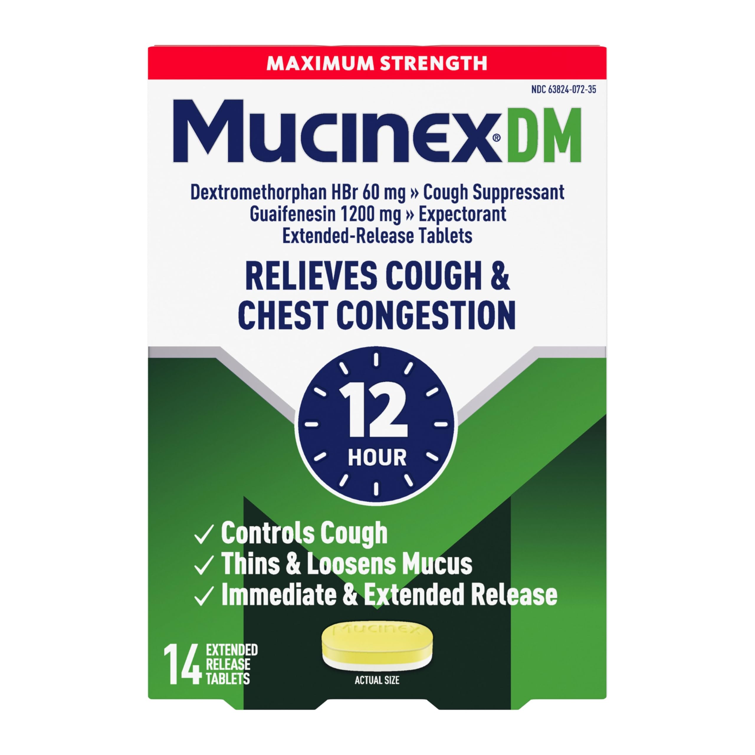 Cough Suppressant and Expectorant, Mucinex DM Maximum Strength 12 Hour Tablets, 14ct, 1200 mg Guaifenesin, Relieves Chest Congestion, Quiets Wet and Dry Cough, 1 Doctor Recommended OTC Expectorant