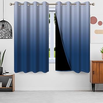 Ombre Blue Blackout Curtains for Bedroom Living Room Dark Blue Gradient Thermal Insulated Outdoor Office Blackout Draperies Abstract Drapes Room Darkening Window Curtain 26x63inches