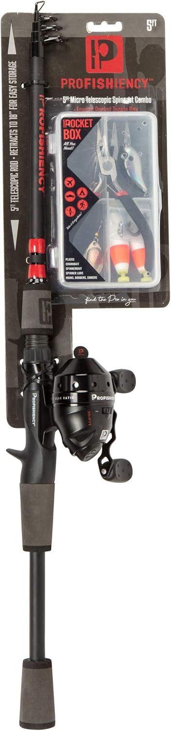 ProFISHiency: 5' Micro Telescopic Travel Fishing Rod & Spincast Reel Combo | Retracts to 18" for Easy Storage | Spincast Reel w/ 4.1:1 Gear Ratio | Pre-Spooled w/ 6lb Line